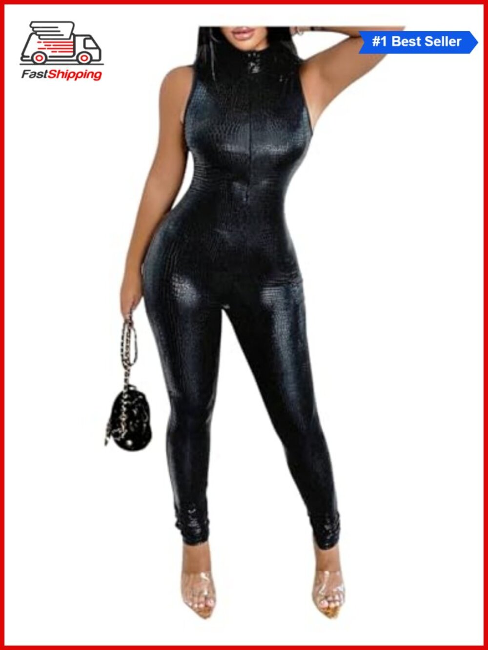 ✨ Faux Leather Sleeveless Mock Neck Jumpsuit Slim Fit Zipper Party Club